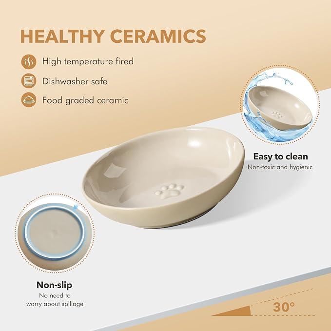 Havniva Elevated Cat Bowls, Raised Ceramic Cat Bowl with Stand, Two Heights | Cat Food & Water Bowl Set, Whisker Friendly, 5.6” Raised Cat Dishes + 6” Shallow Cat Plates, Non-slip Wood Stand, Kitten Bowl - Image 3