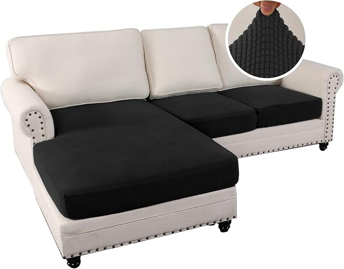 H.VERSAILTEX Sectional Couch Covers 3 Pieces Sofa Seat Cushion Covers L Shape Separate Cushion Couch Chaise Cover for Both Left/Right Sectional Couch (Seat Only: 1 Chaise + 2 Sofa, Black) - Image 2