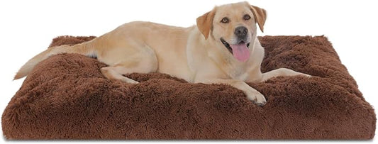 Bedfolks Waterproof Crate Pad, Plush Faux Fur Kennel Bed for Extra Large Dogs, Removable Cover, Fluffy Washable 41"x27", Solid Brown by Bedfolks