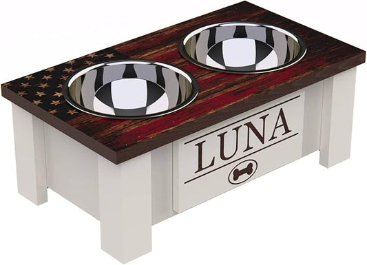Elevated Dog Bowls for Small Dogs, Personalized Food Stand for Small Breed | Farmhouse Style, Elevated Wood Stand, Storage Container, Stainless Steel Bowls, Raised Anti-Slip Feeder, Made in USA by GrooveThisWoodshop