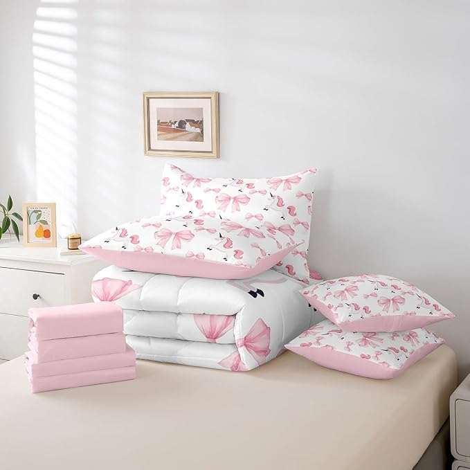 Erosebridal 7 Piece Girls Bowknot Kids Comforter Set Twin Bed in a Bag,Cute Pink Unicorn Bedding Set for Kids Child,Dreamy Princess Style Quilt Comforter,Girly Horse Bow Tie Valentine Duvet Insert - Image 6