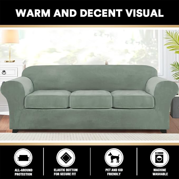 PrinceDeco Velvet Couch Covers for Sofa Soft 4 Pieces Couch Covers for 3 Cushion Couch Sofa Pet Friendly Furniture Protector with Non Slip Elastic Bottom Width Up to 97 Inch (Large Sofas, Sea Grass) - Image 6
