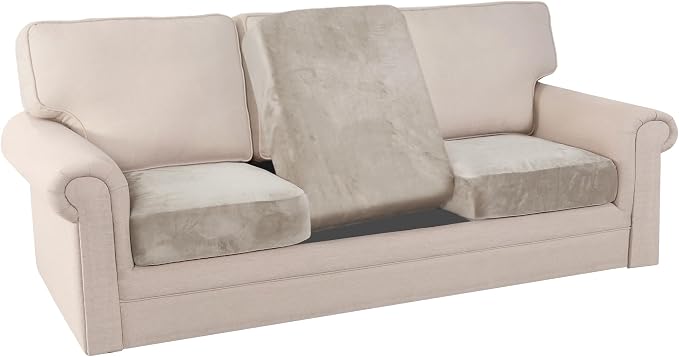 PrinceDeco Velvet Stretch Couch Cushion Cover, Sofa Slip Covers for 3 Seat Cushion Couch Chair Loveseat Sofa Cushion Furniture Protector Cushion Sofa Cover Each Width Up to 29.5", Oatmeal - Image 8