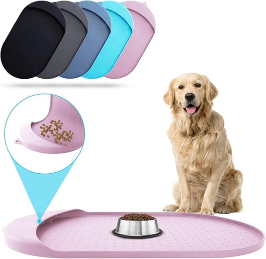 Dog Food Mat - 32” x 19” Pet Feeding Mat with Residue Collection Pocket - Large Silicone Dog Mat for Food and Water - Waterproof Dog and Cat Bowl Mat, High Edges to Prevent Spills, Light Pink by ORA+SHOP