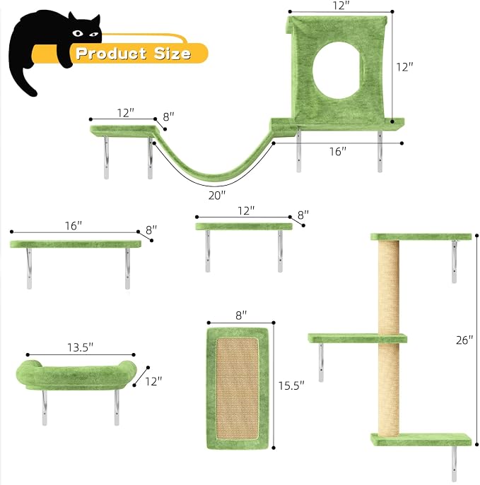 12-in-1 Cat Wall Shelves, Luxury Wall-Mounted Cat Climber Set | with Condos House, Scratching Post, Bridge Ladder, Indoor Space-Saving Furniture for Kittens, Green - Image 3