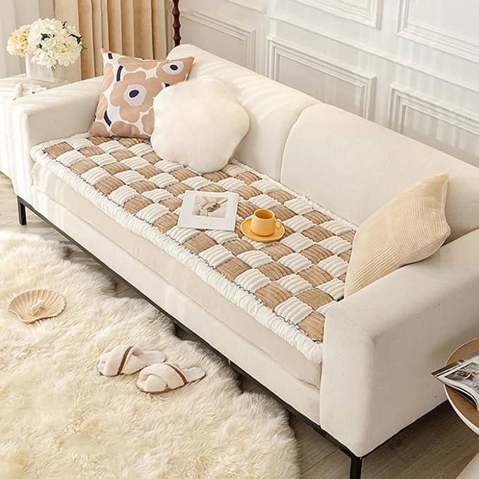 Fuzzy Chic Cotton Protective Couch Cover,Machine Washable & Non-Slip Pet Mat Bed Couch Cover,Garden Sofa Cover Cream-Coloured Plaid Pet Mat for Most Cats Dogs,Pets (light coffee, 23.6*70.9inch) - Image 7