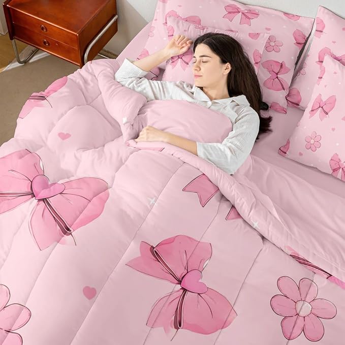 Erosebridal Pink Bows 7 Piece Comforter Set Full Size Girly Bowknot Bedding Set for Kids Girls Bedroom Pink Bows Comforter with Sheets Microfiber Bow Ribbon Heart Pattern Quilt Set Flower Bed Set - Image 4