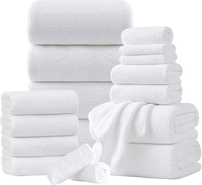 18 Piece Microfiber Bath Towels Set - 6 Bath Sheets,6 Hand Towels And 6 Washcloths,Soft Family Towels,Highly Absorbent Bathroom Towel,Quick Dry Shower Towel Luxury Towels For Hotel Spa Dorm-White by FerdilanUS