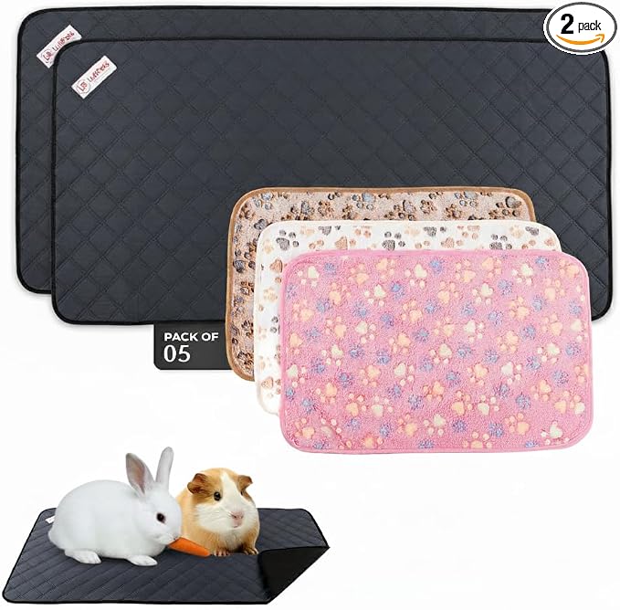 LUFTPETS Guinea Pig Cage Liners 5 Pcs, Washable C&C 2X4 Pads & Fleece Mats | 2 Bunny Pee Pads 57x28 and 3 Soft Blankets. Quilted Top Releases Hay. Waterproof Non-Slip by LuftPets