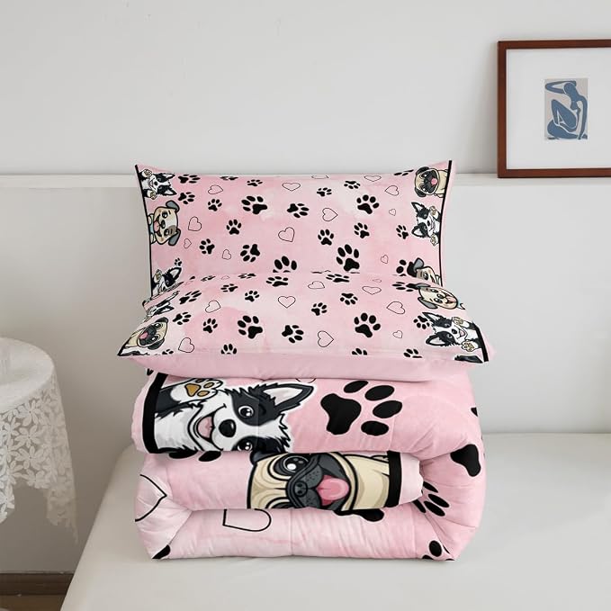 Manfei Cute Dog Paw Comforter Set,Cartoon Puppy Pet Animal Lover Bedding Set for Teens Young Room,Dogs Footprint Love Hearts Kawaii Pink Quilt Set 3 Pcs with 2 Pillowcases,Full - Image 5