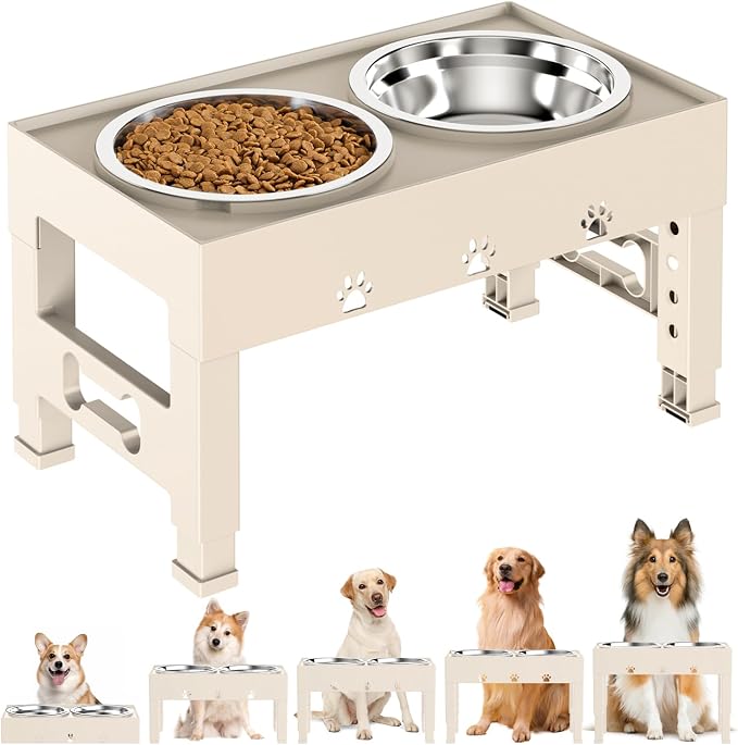 Elevated Dog Bowls with 2 Stainless Steel Bowls, 5-Height Adjustable Stand (3.1", 9" to 12"), for Improved Digestion & Neck Support, Easy Clean, Non-Slip Base Raised Feeder for Medium Large Dogs by LAKIPETNPetSupplies