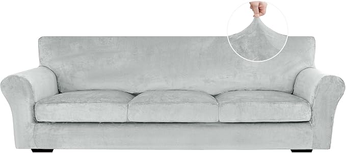 XINEAGE 4-Piece Velvet Oversize Sofa Cover,Couch Covers for Dog,Silver Gray | 3 Cushion Large Sofa,Stretch Non-slip Elastic, Pet-friendly, Washable, Fast Setup, Soft Plush Fabric, Furniture Protector. by XINEAGE