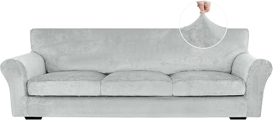 XINEAGE 4-Piece Velvet Oversize Sofa Cover,Couch Covers for Dog,Silver Gray | 3 Cushion Large Sofa,Stretch Non-slip Elastic, Pet-friendly, Washable, Fast Setup, Soft Plush Fabric, Furniture Protector. by XINEAGE