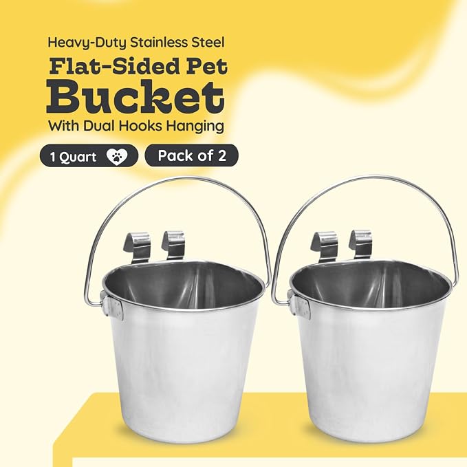 1 Quart Stainless Steel Flat Sided Bucket with Dual Hooks | 2 Pcs Durable Food & Water Bowl for Dog Cats Bird & Small Animals | Fits kennel Cage Crates Hanging Pet Pail | Multipurpose use - Image 2