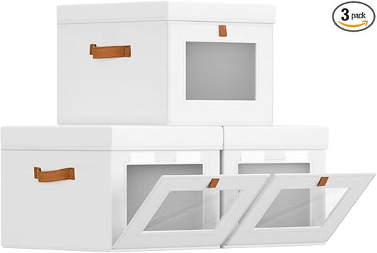 Homsorout Storage Bins with Lid – Closet Organizer with Side Opening and Clear Window, Foldable Stackable Fabric Basket for Clothes, Home, Office - 13.77" x 11.8" x 9.8", 3 Pack, White by Homsorout
