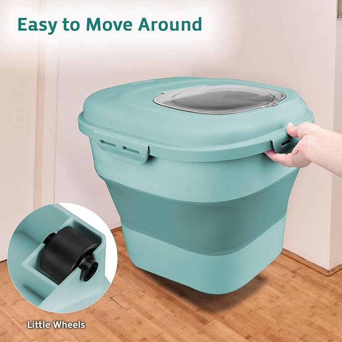 Komzon Rice Storage Bin Cereal Containers, 13-50lb Collapsible Rice Container Dispenser with Transparent Lid, Rolling Wheels, Measuring Cup and Scoop, Airtight Dog Cat Pet Food Storage Container Green - Image 3