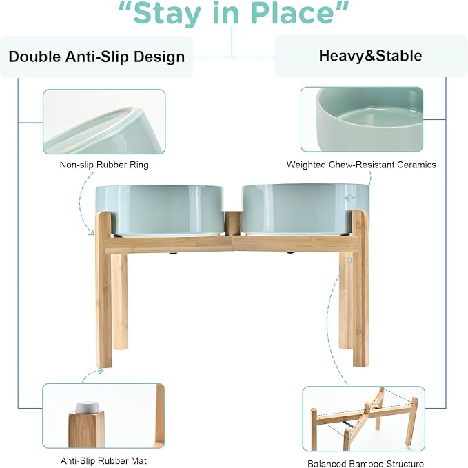 SPUNKYJUNKY Elevated Dog Bowls Ceramic, 8.3'' Dogs Food Water Bowls Raised with Non-Slip Bamboo Stand for Large Sized Breed Microwave Dishwasher Safe - 60 OZ,Light Green - Image 4