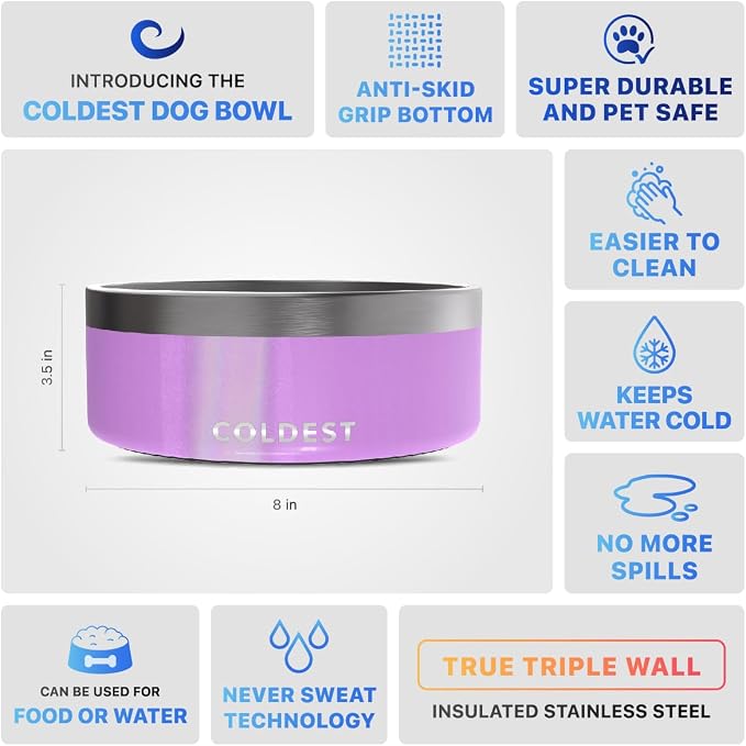 Coldest Dog Bowl - Anti Rust Metal, Non Slip, 3 Layers Insulated Stainless Steel Dog Bowls - Spill Proof & Heavy Duty - Water Bowl for Dogs, Cats, Dish Washer Safe (64 oz, Saturns Purple Glitter) - Image 5