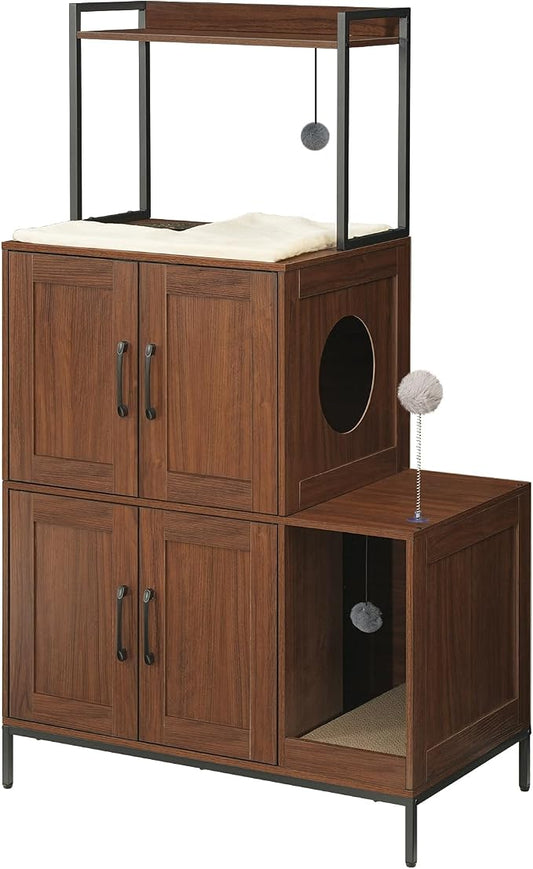 HOOBRO Litter Box Enclosure, Litter Box Furniture with Storage, 2-in-1 Hidden Cat Furniture with Shelf, 2 Dangling Plush Balls and 1 Toy Ball, Large Wooden Cat Washroom, Walnut WL78MW01 by HOOBRO