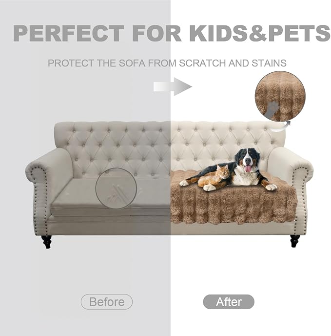 Dogs/Cats Bed Mats, Dog Pad Washable Removable Couch Cover with Anti-Slip Back, Plush Long Fur Mat, Perfect for Small, Medium and Large Dogs.(Light Brown-Bubble, 30"x70") - Image 3