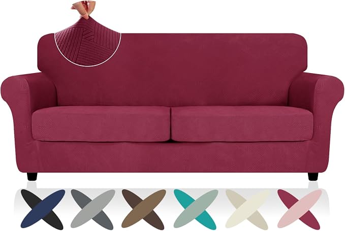 ZNSAYOTX 3 Piece Stretch Sofa Covers (71"-91") for 2 XL Cushion Couch, Thick Striped Sofa Cover with Elastic Band Bottom Ties Non-Slip Stay in Place, Soft Durable Couch Slipcovers, Wine Red by ZNSAYOTX