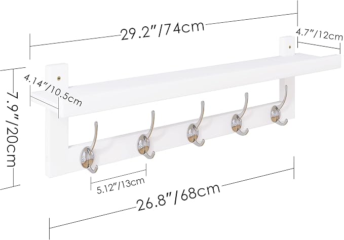 SMIBUY Coat Hooks with Shelf Wall-Mounted, 29.2 Inch Entryway Coat Rack for Wall, Bamboo Hanging Shelf with 5 Double Metal Hooks for Bathroom, Bedroom, Kitchen, Living Room, Mudroom (White) - Image 5
