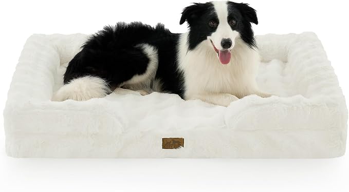 COZY KISS Orthopedic Dog Bed for Extra Large Dog 44x32 inch, XL Faux Fur Pet Sofa, Bolster Foam Bed with Sides, Non-Slip and Egg-Crate Big Dog Couch Bed with Washable Removable Cover, Beige by COZYKISS