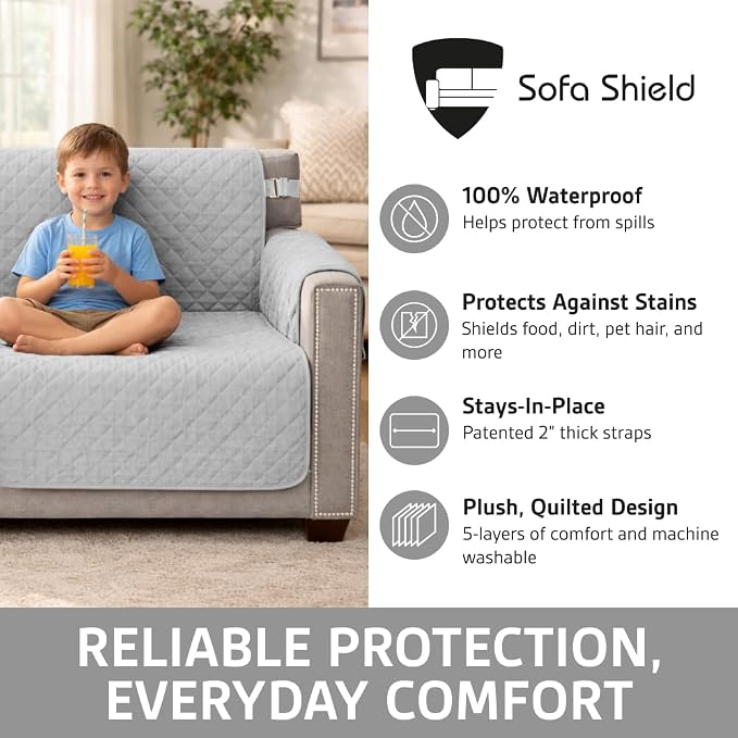 Sofa Shield 100% Waterproof Couch Cover with Patented Straps, Slip & Stain Resistant Furniture Protector, Machine Washable Sofa Slipcover for Dogs Cats Pets Kids, 70 inch Seat, Light Gray - Image 2