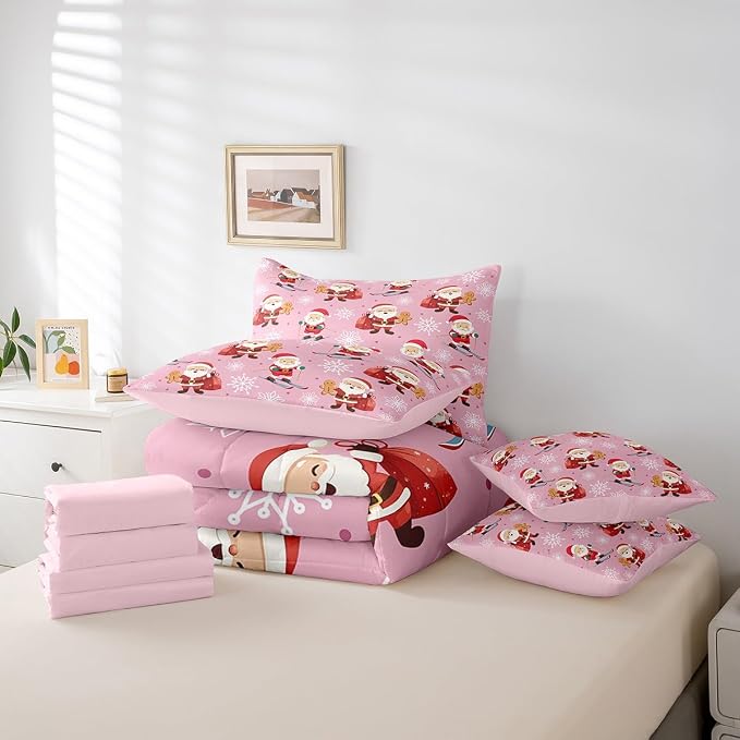 Erosebridal 7Pcs Cute Santa Claus Comforter Set Twin Size,Xmas Gingerbread Bedding Set for Kids Boys Girls,Christmas Snowboard Snowflake Bed in A Bag,Pink Christmas Quilt with Flat Fitted Sheet - Image 6