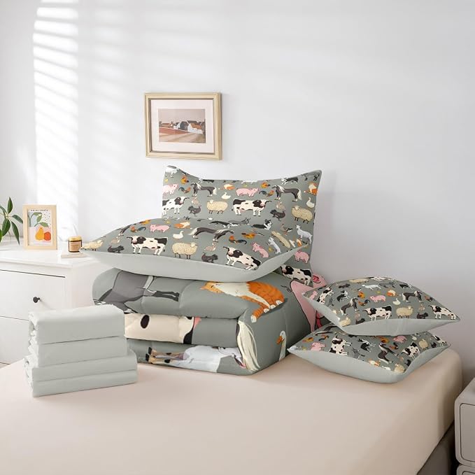 Erosebridal Farm Animals Comforter Sets with Sheets, Cartoon Animal 7 Piece Bedding Set for Kids Boys Girls Cute Farmhouse Animal Bed in A Bag Funny Horse Sheep Cow Bed Set Queen, Grey - Image 5