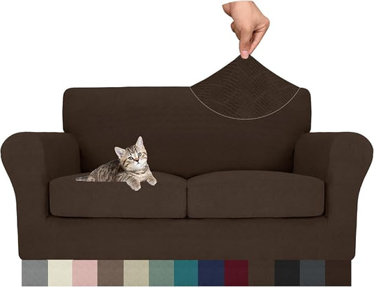 MAXIJIN 3 Piece Couch Covers for 2 Cushion Couch loveseat Cover, Stretch Love Seat Sofa Slipcovers for Dogs Pet, Thick Furniture Protector with 2 Seat Cushion (55"-69", Coffee) by MAXIJIN