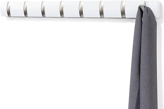 Umbra Flip Coat Rack, Wall Mount 8-Hook, Space Saving, White | Real wood and steel build, retractable hooks fold flat, holds coats bags and scarves, easy install by Umbra