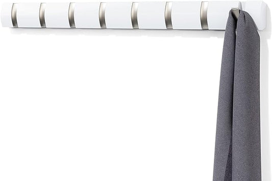 Umbra Flip Coat Rack, Wall Mount 8-Hook, Space Saving, White | Real wood and steel build, retractable hooks fold flat, holds coats bags and scarves, easy install by Umbra