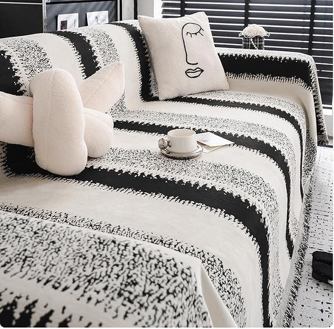 Deep Dream Boho Couch Cover for Dogs, Soft Chenille Sofa Covers for 3 Cushion Couch, Washable Bohemian Sofa Slipcovers Furniture Protector for Living Room (Stripe Black, 71''x134'') by DeepDream