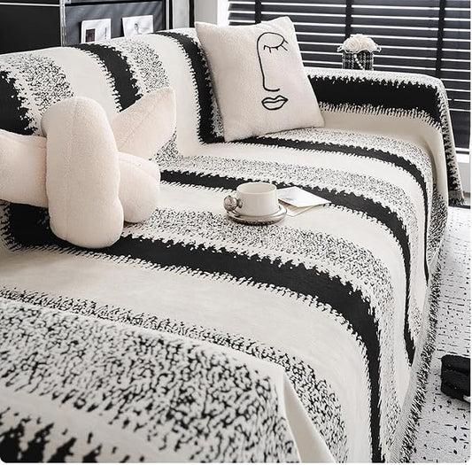 Deep Dream Boho Couch Cover for Dogs, Soft Chenille Sofa Covers for 3 Cushion Couch, Washable Bohemian Sofa Slipcovers Furniture Protector for Living Room (Stripe Black, 71''x134'') by DeepDream