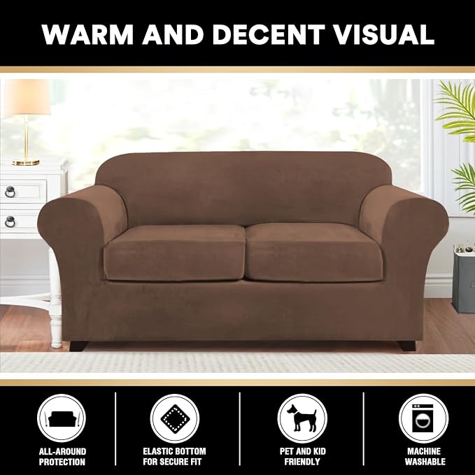 PrinceDeco Velvet Couch Cover Loveseat Covers for 2 Cushion Couch 3 Piece Sofa Covers for Dogs Washable Loveseat Covers Width Up to 72 Inch No Slip Stretch Sofa Slipcover(Medium, Caramel) - Image 6