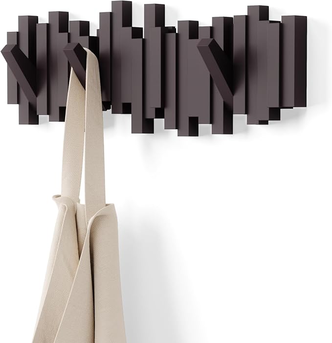 Umbra Sticks Wall Mount Coat Rack, 5 Hook Retractable Pegs, Espresso | Mounting hardware included, sculptural modern design, entryway or bedroom use, recycled plastic by Umbra