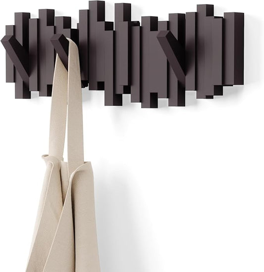 Umbra Sticks Wall Mount Coat Rack, 5 Hook Retractable Pegs, Espresso | Mounting hardware included, sculptural modern design, entryway or bedroom use, recycled plastic by Umbra