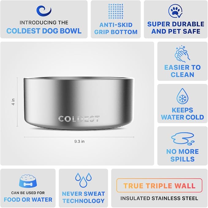Coldest Dog Bowl - Anti Rust Metal, Non Slip, 3 Layers Insulated Stainless Steel Dog Bowls - Spill Proof & Heavy Duty - Water Bowl for Dogs, Cats, Dish Washer Safe (100 oz,Polished Stainless Steel) - Image 5