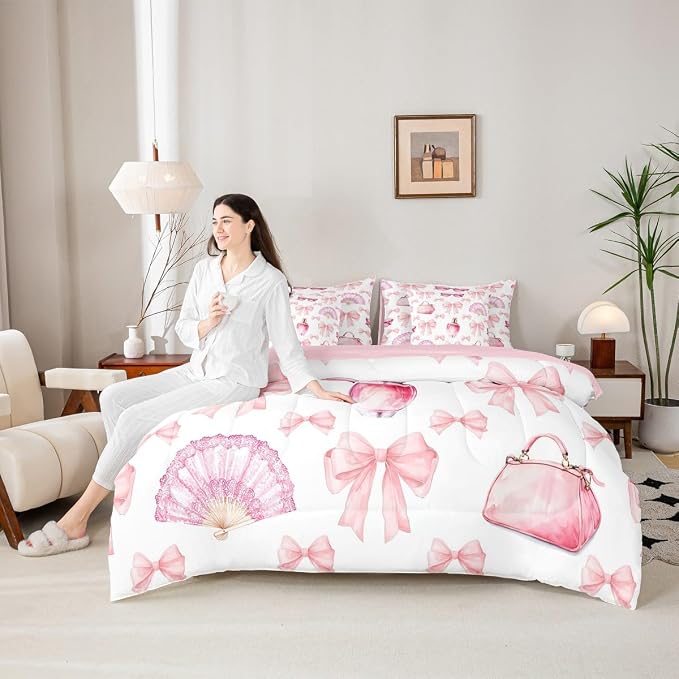Erosebridal 7 Pcs Bowknot Girls Kids Comforter Set Queen Bed in a Bag,Girly Makeup Theme Bedding Set,Dreamy Princess Style Sheet Set,Perfume Beauty Duvet Insert,Valentine Bow Quilt for Girlfriend - Image 4