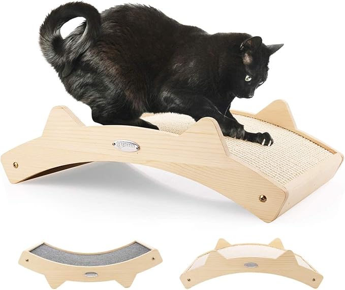 Pecute Double-Sided Sisal Cat Scratcher for Indoor Cats, Durable Sisal | Natural Sisal & Carpet Cloth, Durable Solid Wooden Structure Scratch Pad, Cat Scratcher & Lounge Bed 2 in 1, 16.5 x 10.8in by pecute