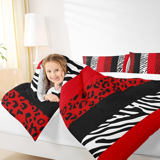 Leopard Print Comforter Set King Size,Zebra Skin Texture Bedding Set 3pcs for Kids Teens Girls Woman Bedroom Decor,Striped Fashion Quilt Set Black White and Red Duvet Insert with 2 Pillowcases,Rustic - Image 3