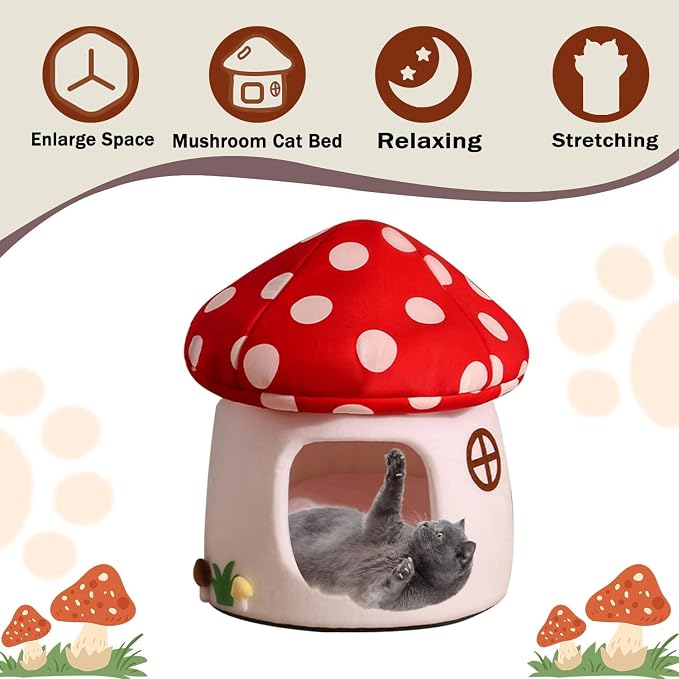 Mushroom Cow Cat Bed House for Indoor Cats & Small Dogs - Soft Cave-Style Pet Nest with Removable Washable Cushion, Plush Semi-Enclosed Cat Cave Tent, Red & White, Cozy Non-Slip Calming Bed - Image 2