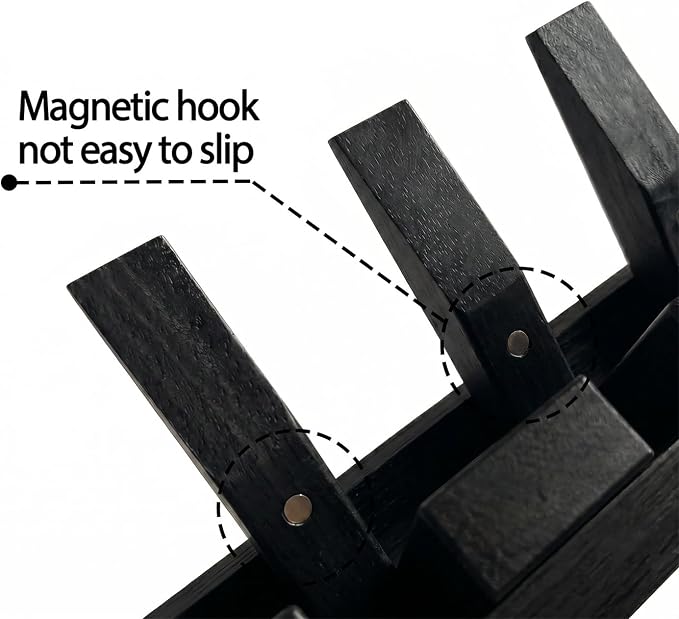 Mid Century Modern Wood Coat Rack Wall Mount with Shelf, 9 Hooks, Black | Wood and metal wall rack with fold-down piano-key hooks and display shelf organizes coats, bags, keys and decor up to 25 lb. - Image 6