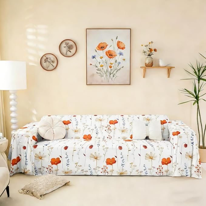 Erosebridal Watercolor Floral Sofa Cover Retro Orange Navy Flower Couch Cover Modern Minimalist White Sofa Protector 71" X 150" Rustic Farmhouse Washable Non Slip Couch Protector for Pet Cats Kids by Erosebridal