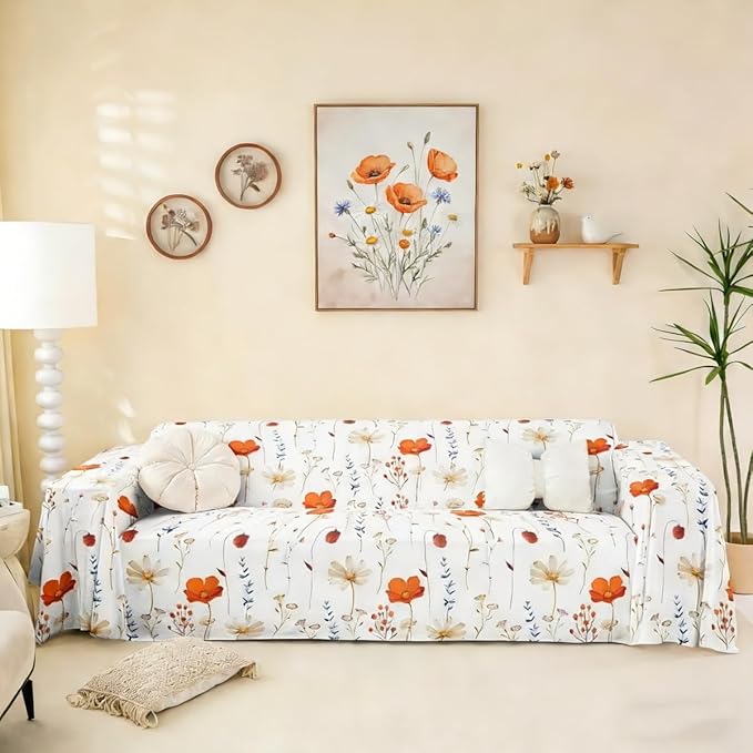 Erosebridal Watercolor Floral Sofa Cover Retro Orange Navy Flower Couch Cover Modern Minimalist White Sofa Protector 71" X 118" Rustic Farmhouse Washable Non Slip Couch Protector for Pet Cats Kids by Erosebridal