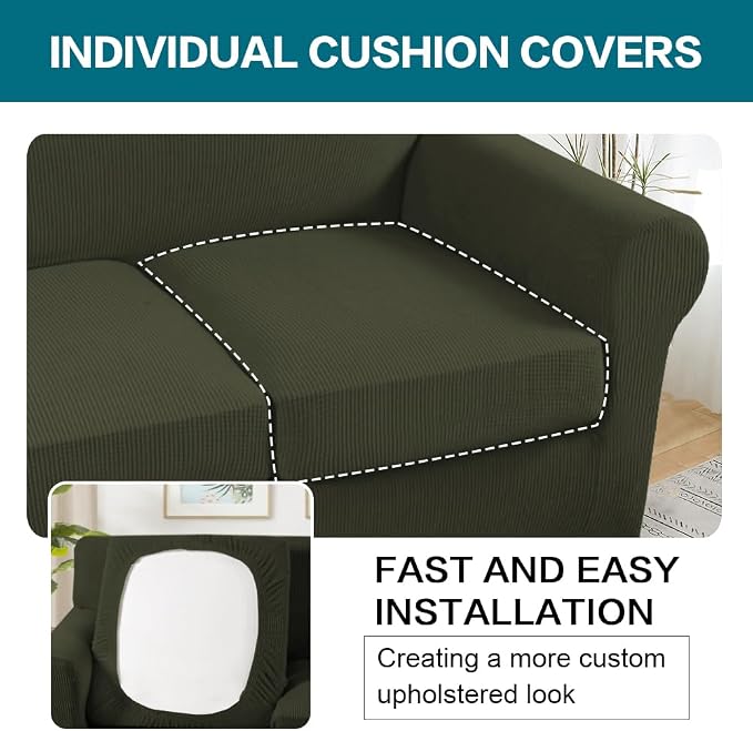 Turquoize 3 Piece Sofa Covers for 2 Cushion Couch Sofa Slipcover Soft Couch Cover for Dogs-Washable Sofa Furniture Cover with 2 Individual Cushion Covers, Thick Jacquard Fabric (Loveseat, Olive) - Image 5