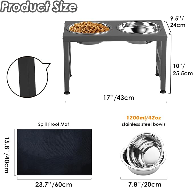 ADENGL Metal Raised Dog Bowl, 10" Height Tall Elevate Dog Feeder Stand with 2 Stainless Steel 42oz Bowls & 16x24 Non-Slip Mat – Stronger Dogs Food & Water Bowl Stand (Grey) - Image 5