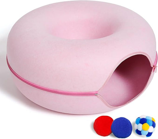 Large Cat Tunnel Bed for Indoor Cats with 3 Toys, Scratch Resistant Donut Cat Bed, Up to 30 Lbs (L 24x24x11, Pink) by PLIISLUP