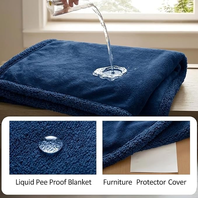 Navy Blue Dog Blanket for Pets Reversible Fluffy Pet Bed Cover Mats Waterproof Puppy Blankets Leakproof Sofa Couch Washable Cover Cat Pet Blanket for Warm-Navy Blue,M - Image 3